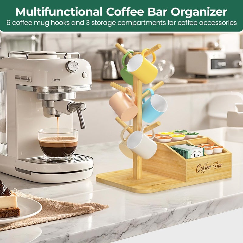 EsLuker.ly Mug Tree Holder Stand, Countertop Bamboo Coffee Cup Organizer Rack for Kitchen Office, Space-Saving Coffee Station Bar Organizer with 6 Hooks, Modern Design Enhances Decor - Image 3